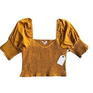 COCO JAIMESON Golden Yellow Smocked Blouse Puff Sleeve Crop Women’s Medium